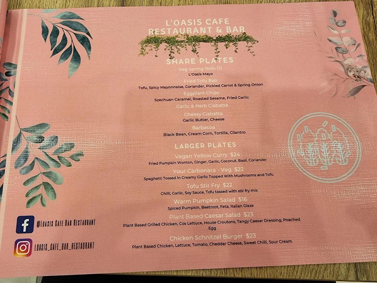 Menu, L' Oasis Café Bar & Restaurant