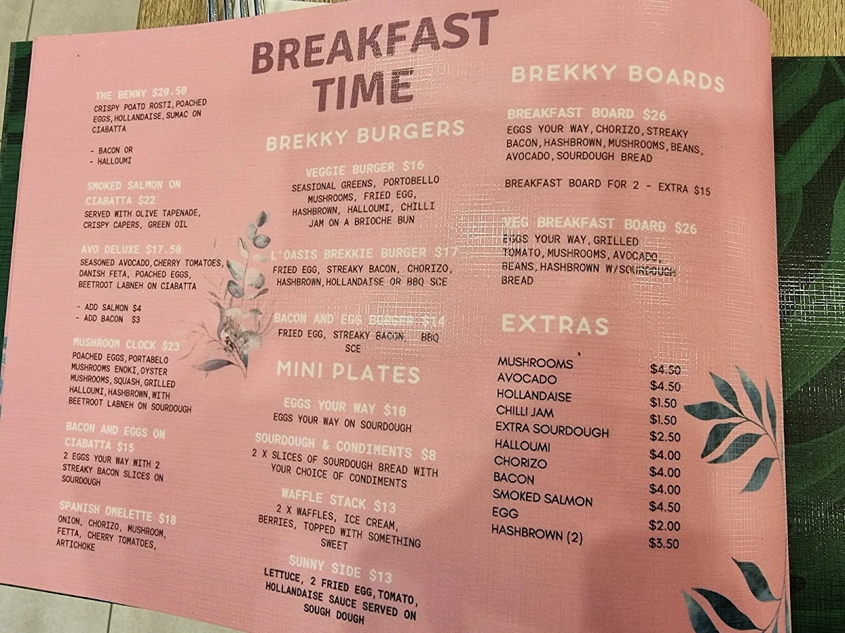 Menu, L' Oasis Café Bar & Restaurant