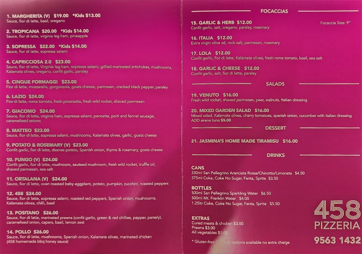 Menu, 458 Pizzeria