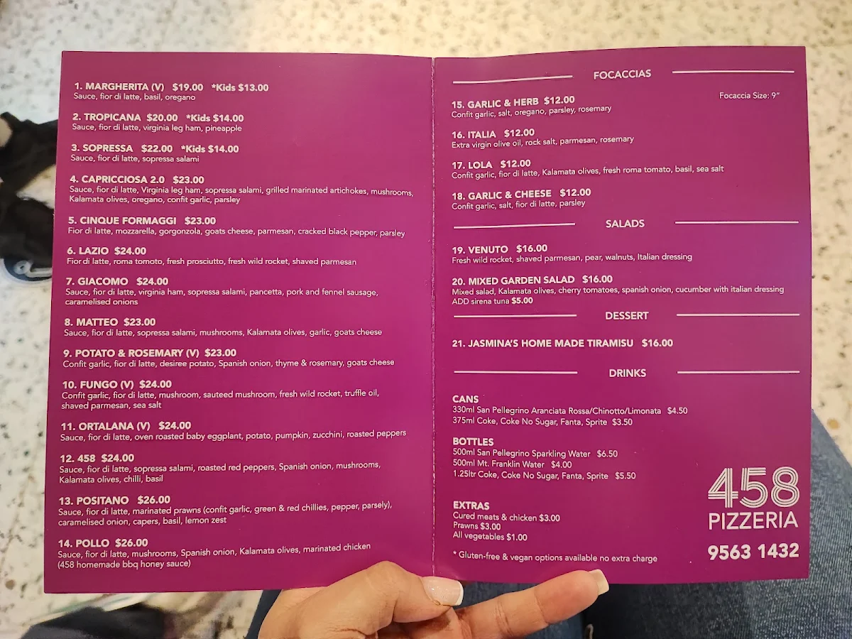Menu, 458 Pizzeria