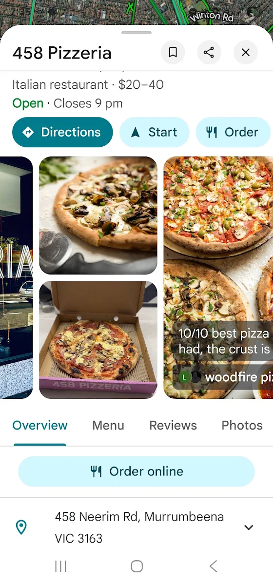 Menu, 458 Pizzeria