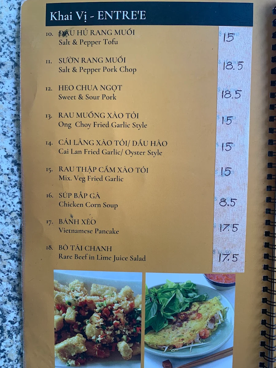 Menu, Van Vietnamese Restaurant