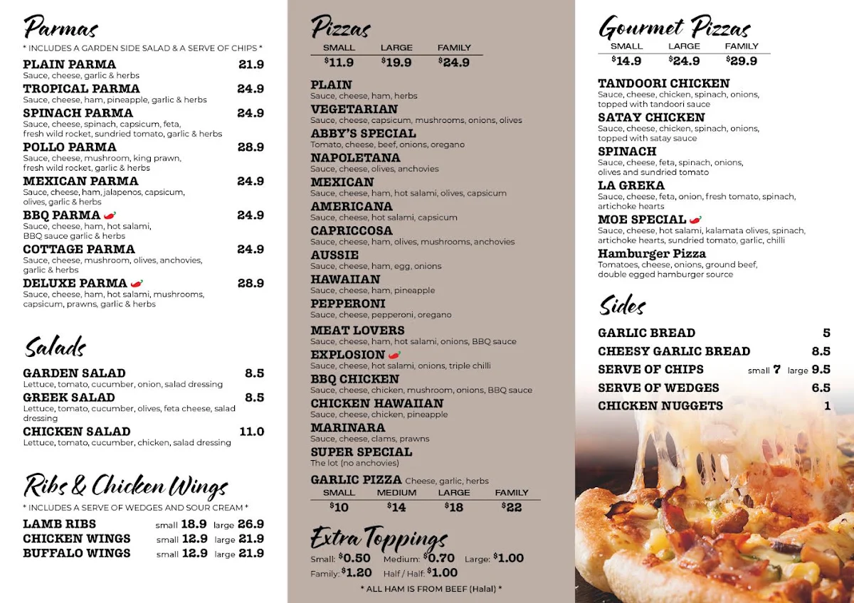 Menu, Abby’s Pizza & Parma Hoppers Crossing
