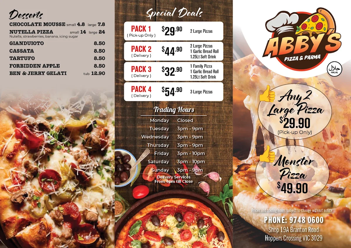 Menu, Abby’s Pizza & Parma Hoppers Crossing