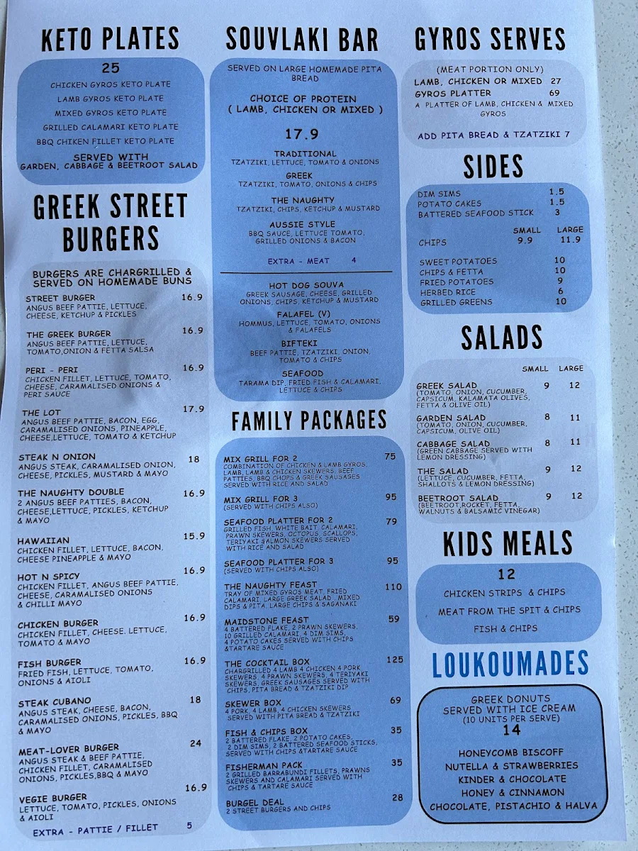 Menu, The Naughty Greek Restaurant