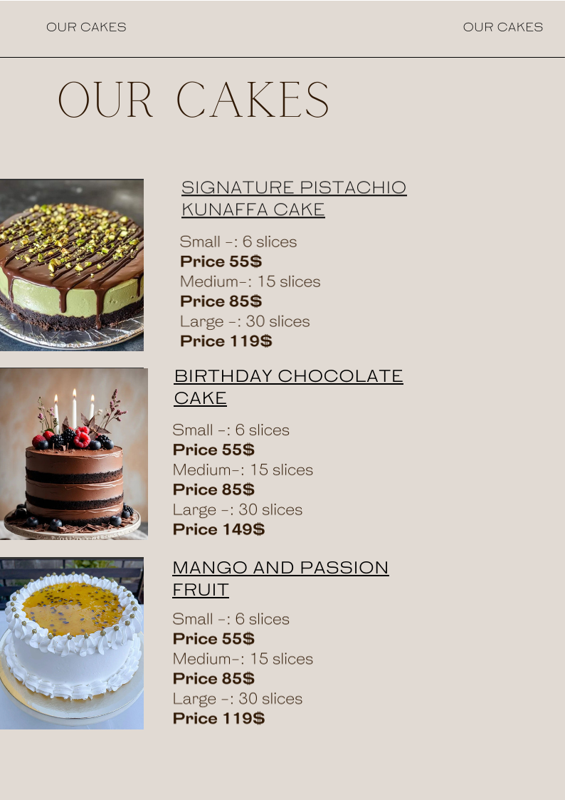 Menu, Cakes By Kismat