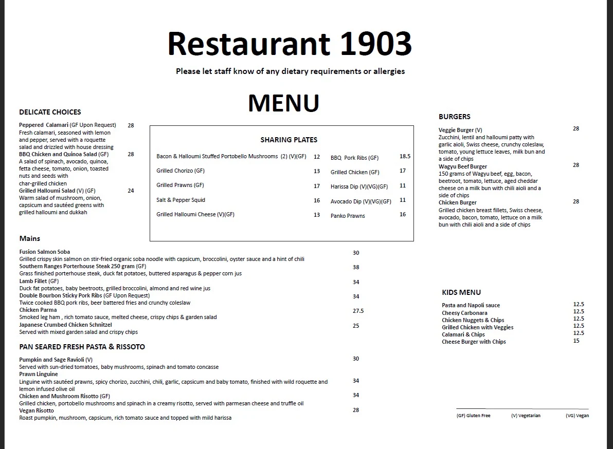 Menu, Restaurant 1903