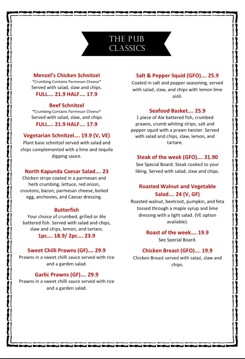 Menu, North Kapunda Hotel
