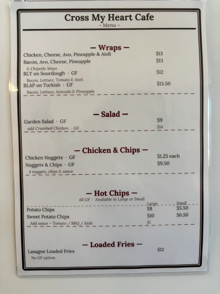 Menu, Cross My Heart Cafe