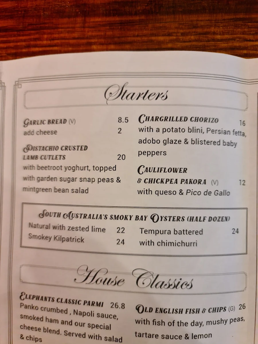 Menu, Elephant & Castle Hotel