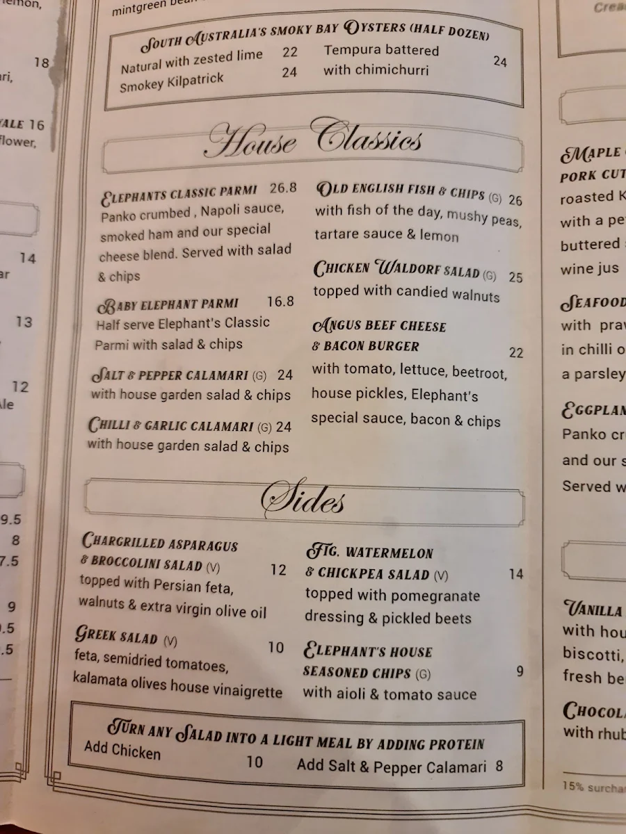 Menu, Elephant & Castle Hotel