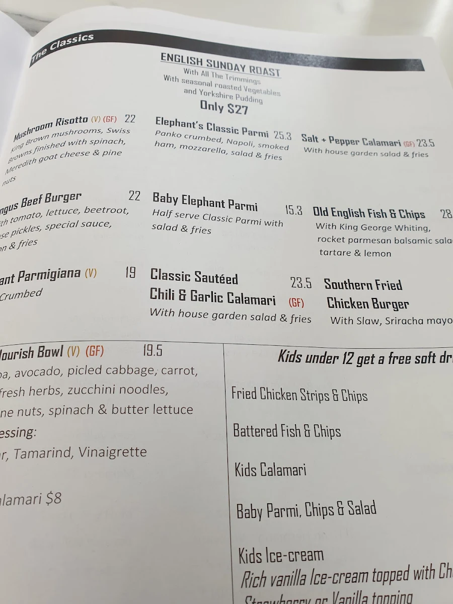 Menu, Elephant & Castle Hotel