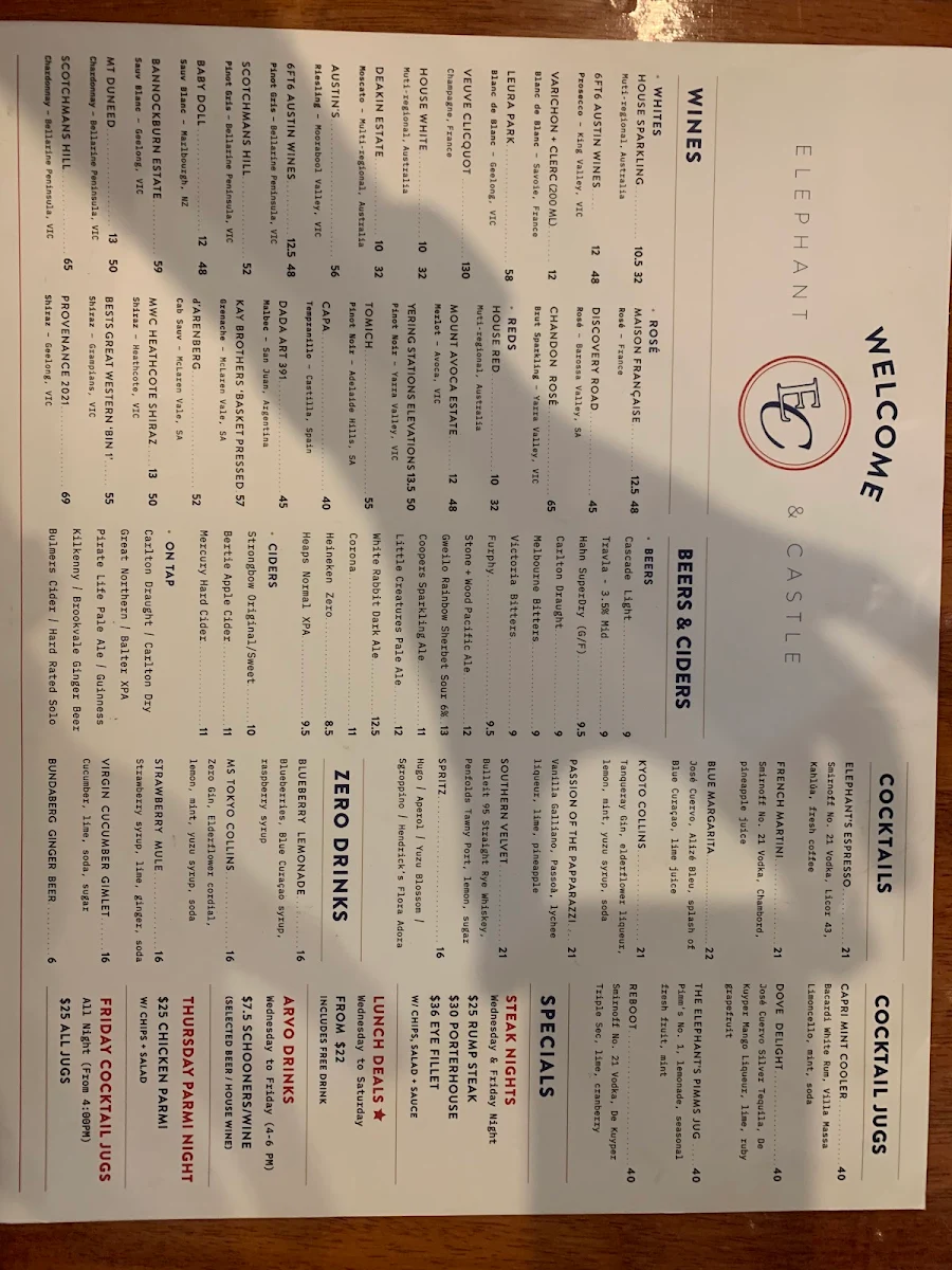 Menu, Elephant & Castle Hotel