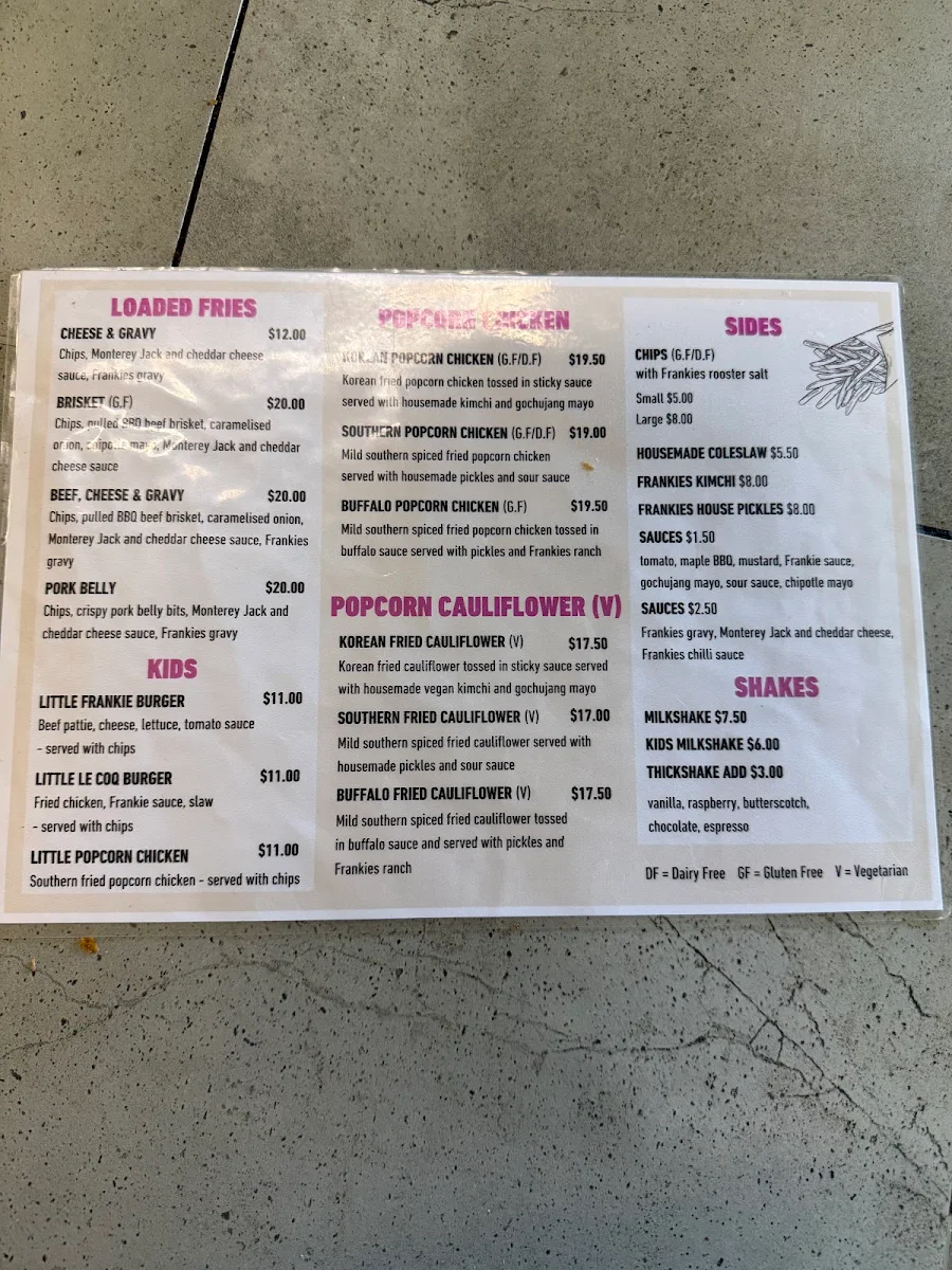 Menu, Frankies Albury