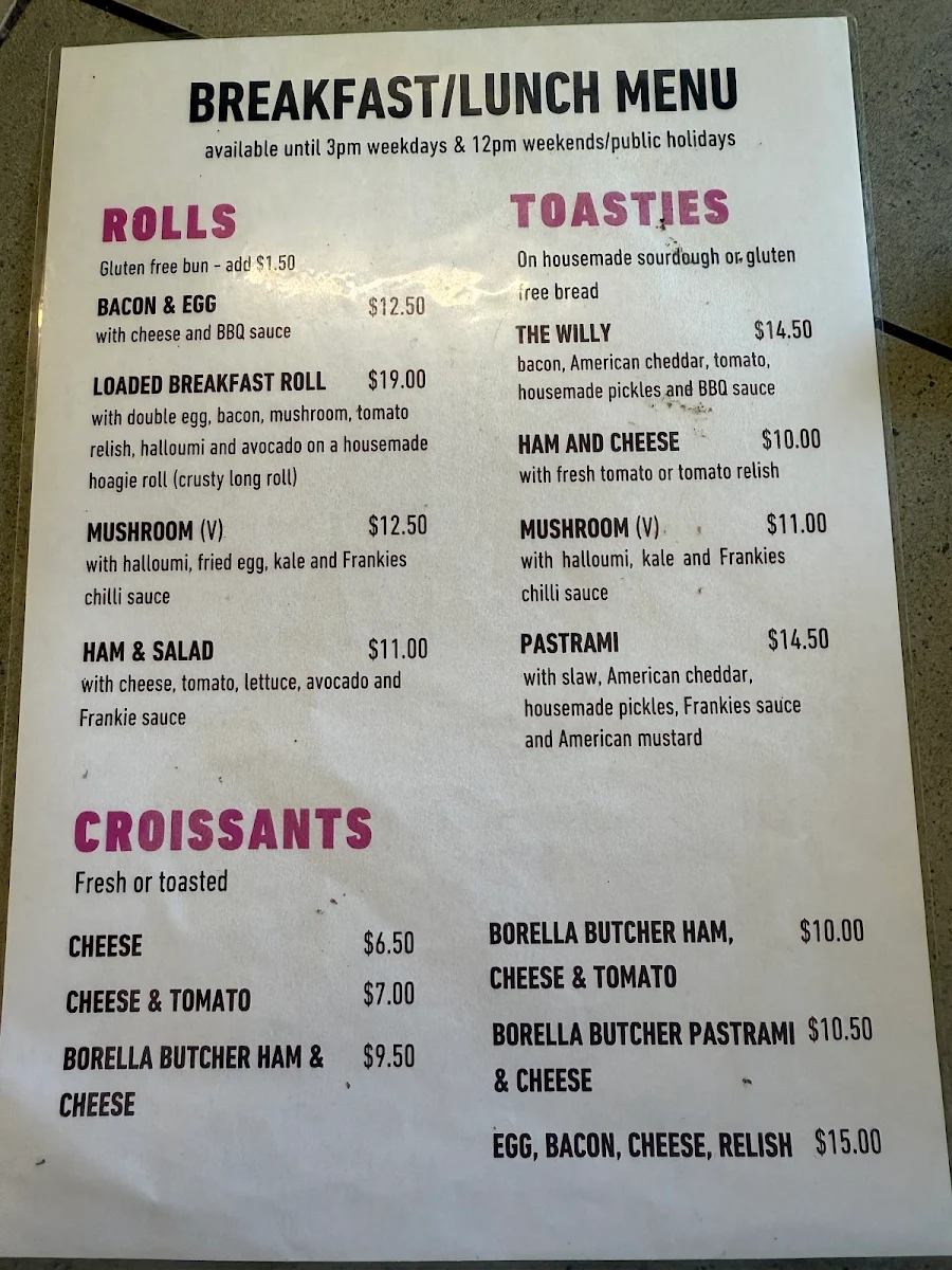 Menu, Frankies Albury