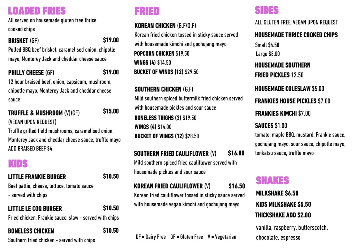 Menu, Frankies Albury