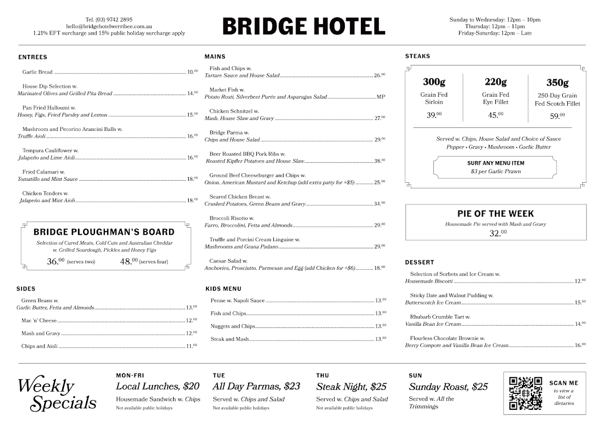 Menu, Bridge Hotel Werribee