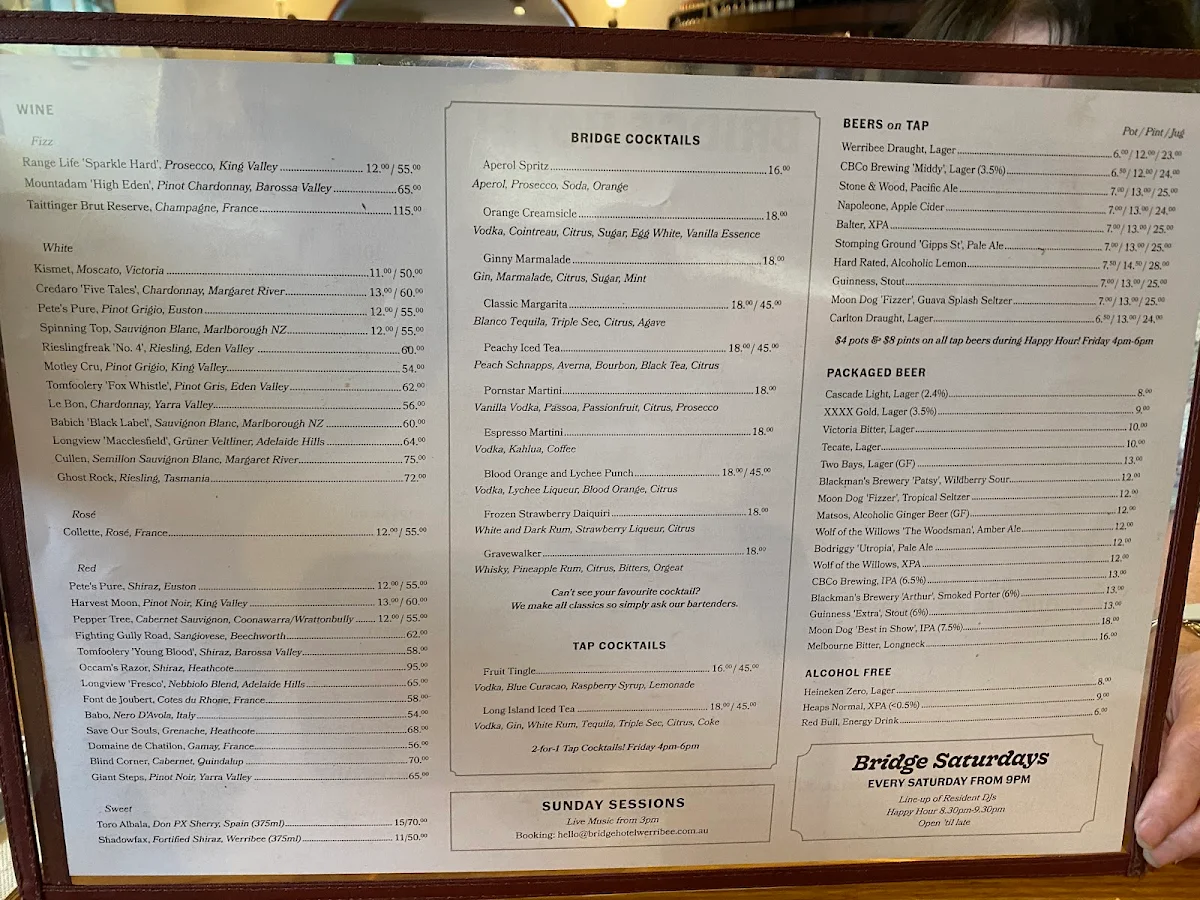 Menu, Bridge Hotel Werribee