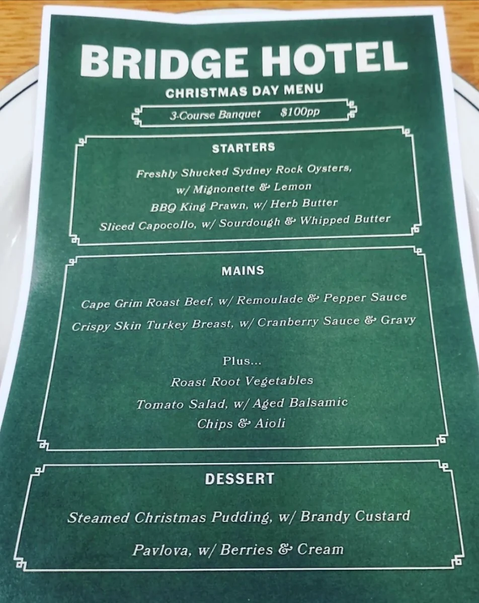 Menu, Bridge Hotel Werribee