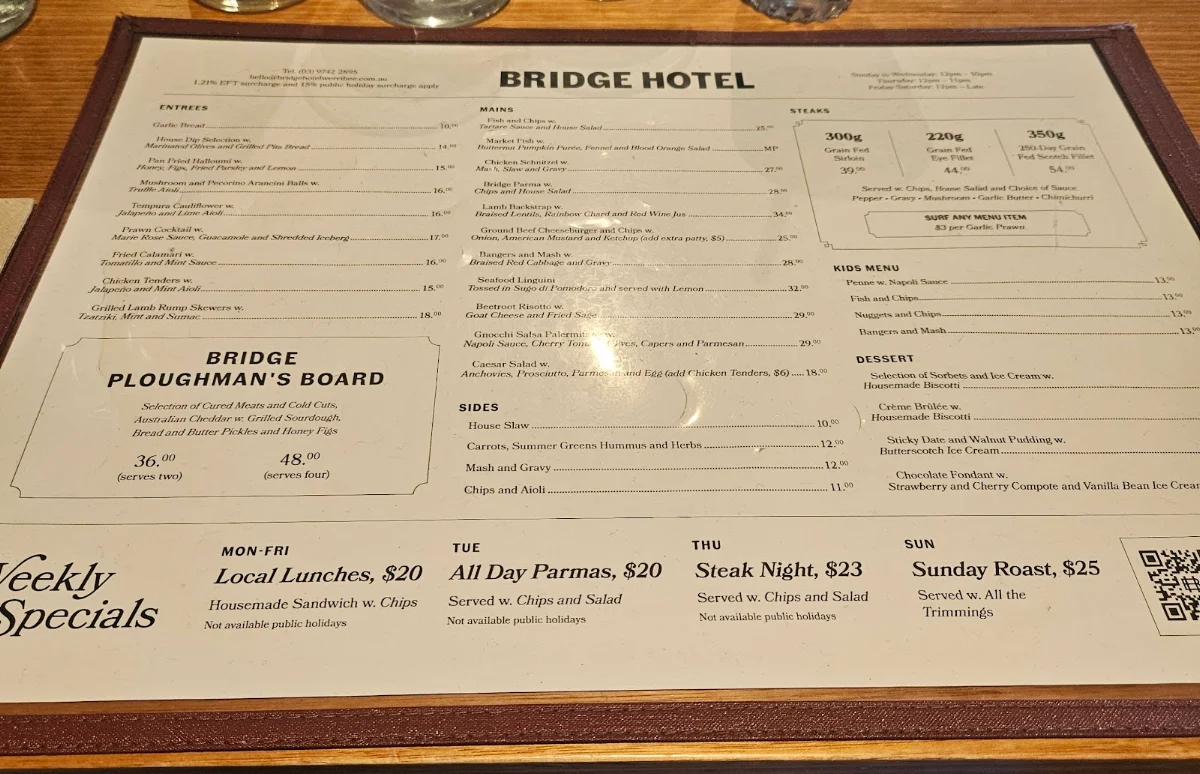 Menu, Bridge Hotel Werribee