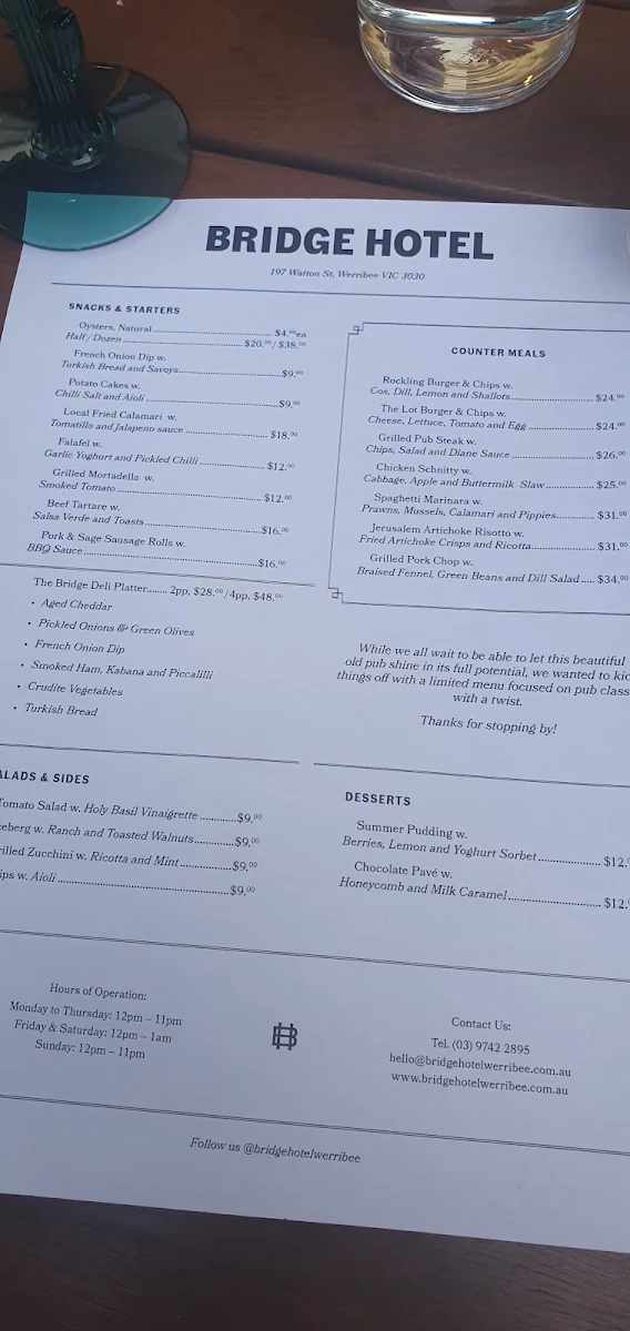 Menu, Bridge Hotel Werribee