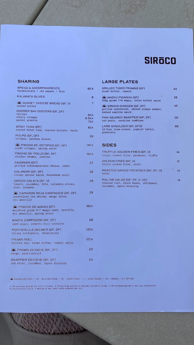 Menu, Siroco Rooftop