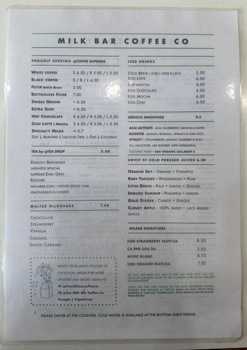 Menu, The Milk Bar Coffee Co