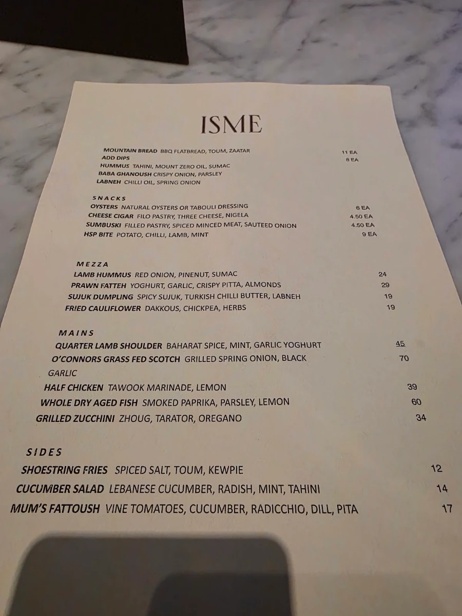 Menu, Isme Restaurant