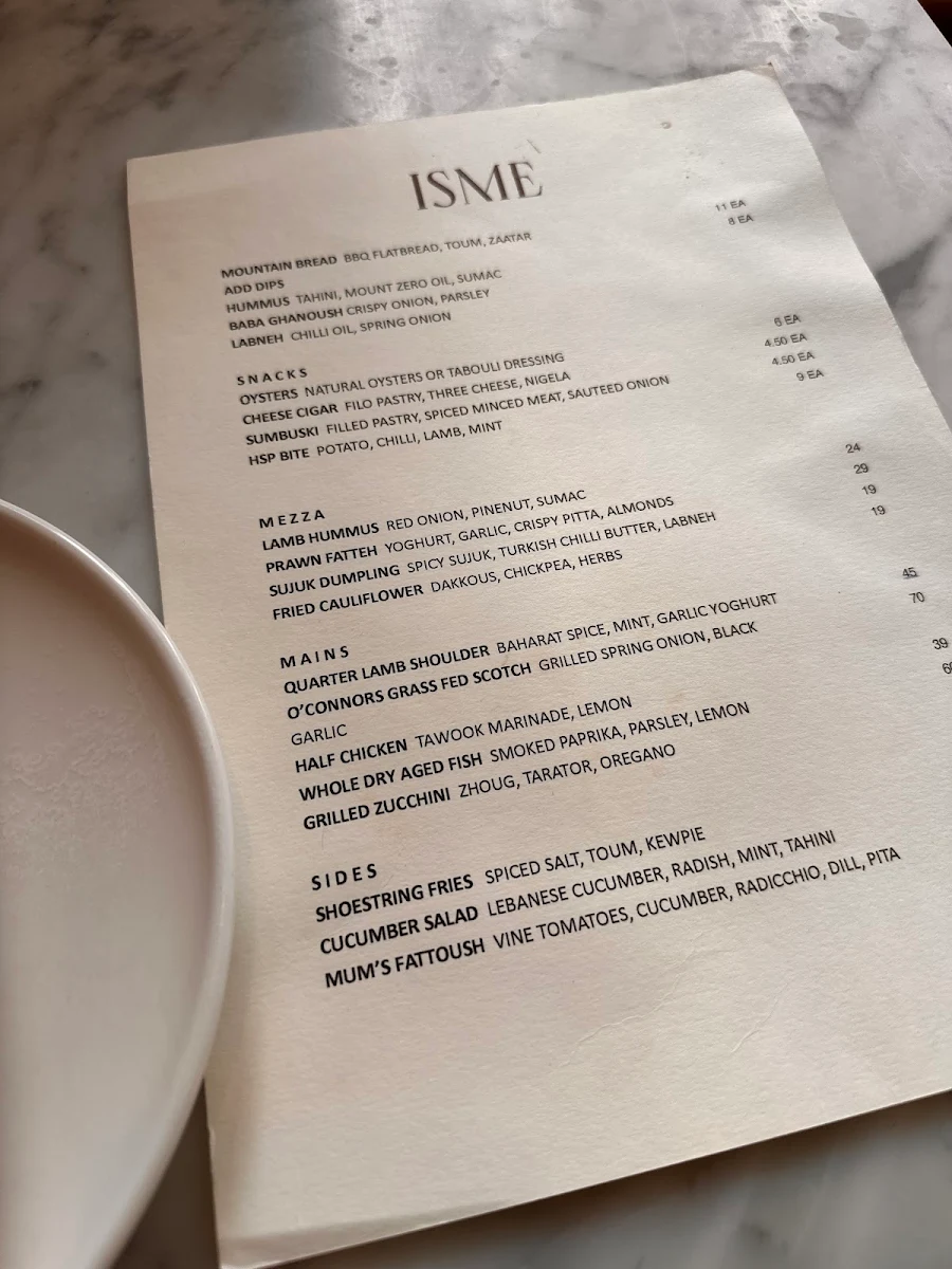 Menu, Isme Restaurant