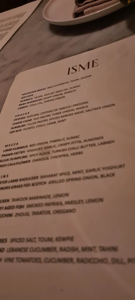 Menu, Isme Restaurant
