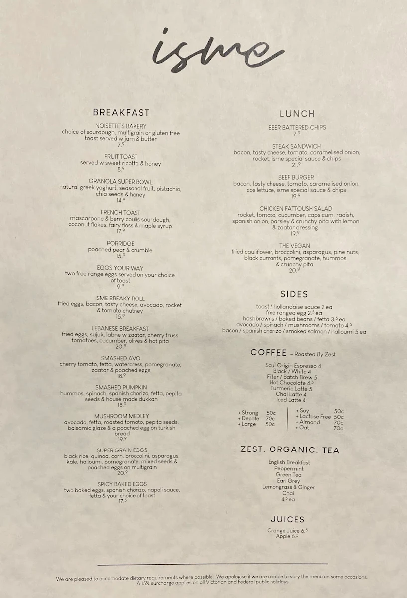 Menu, Isme Restaurant