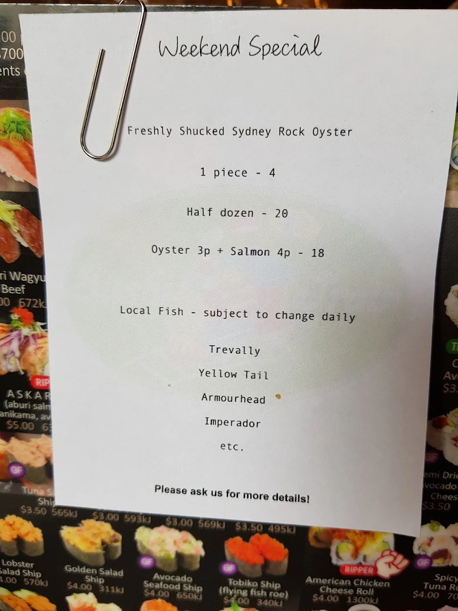 Menu, Sushi Train Newtown