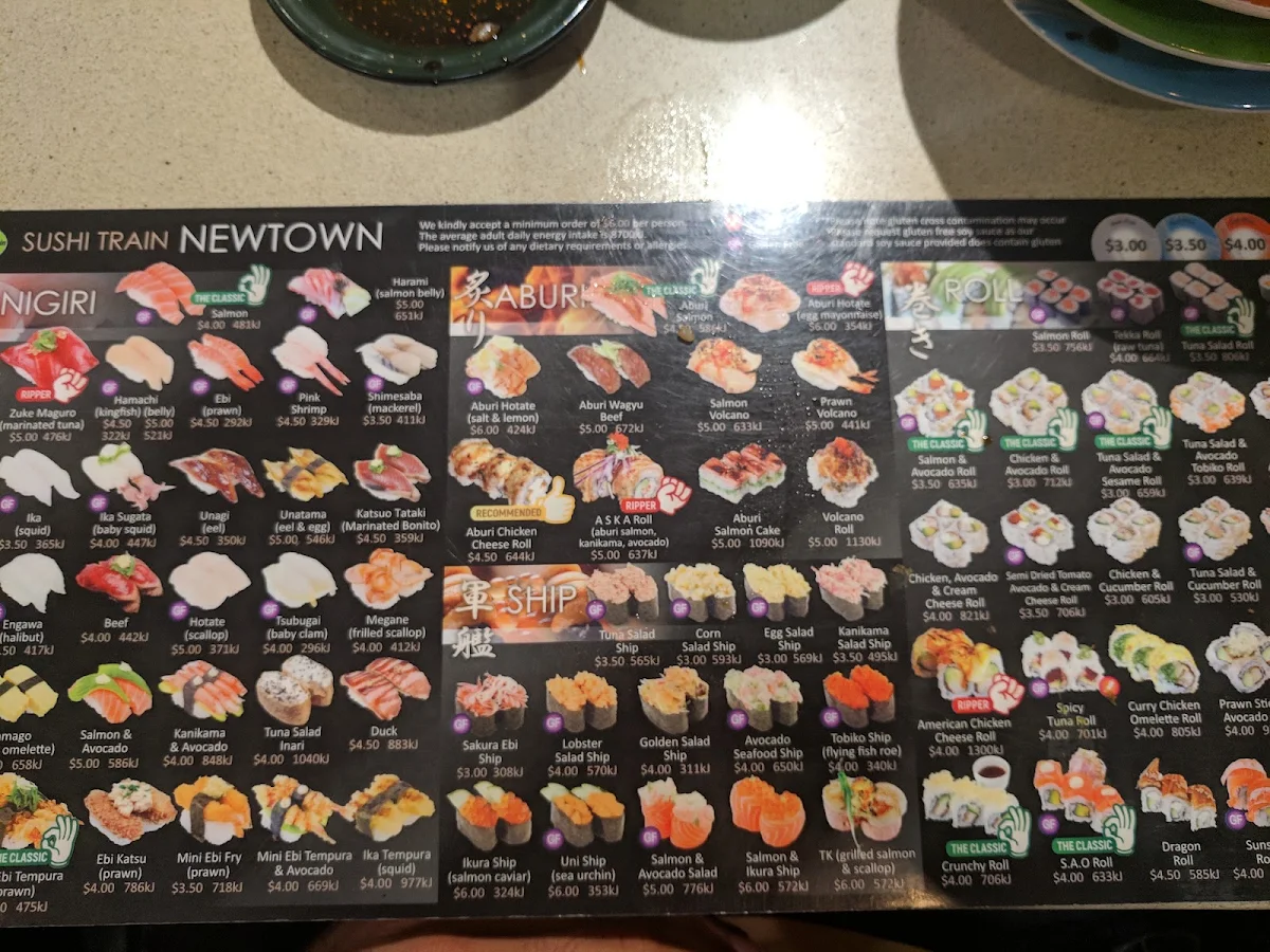 Menu, Sushi Train Newtown