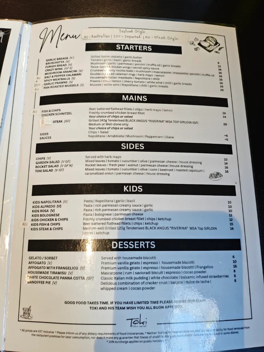 Menu, Toki Italian Inspired