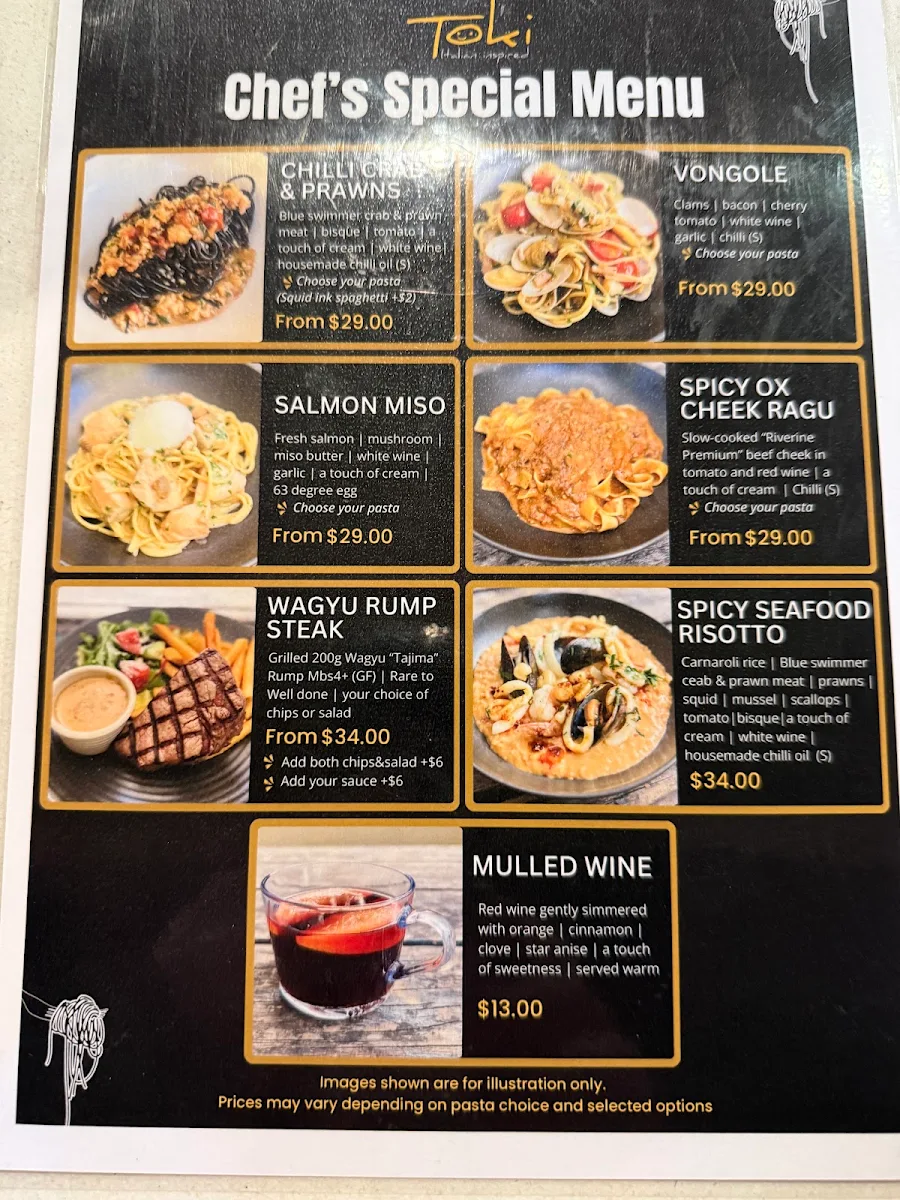 Menu, Toki Italian Inspired