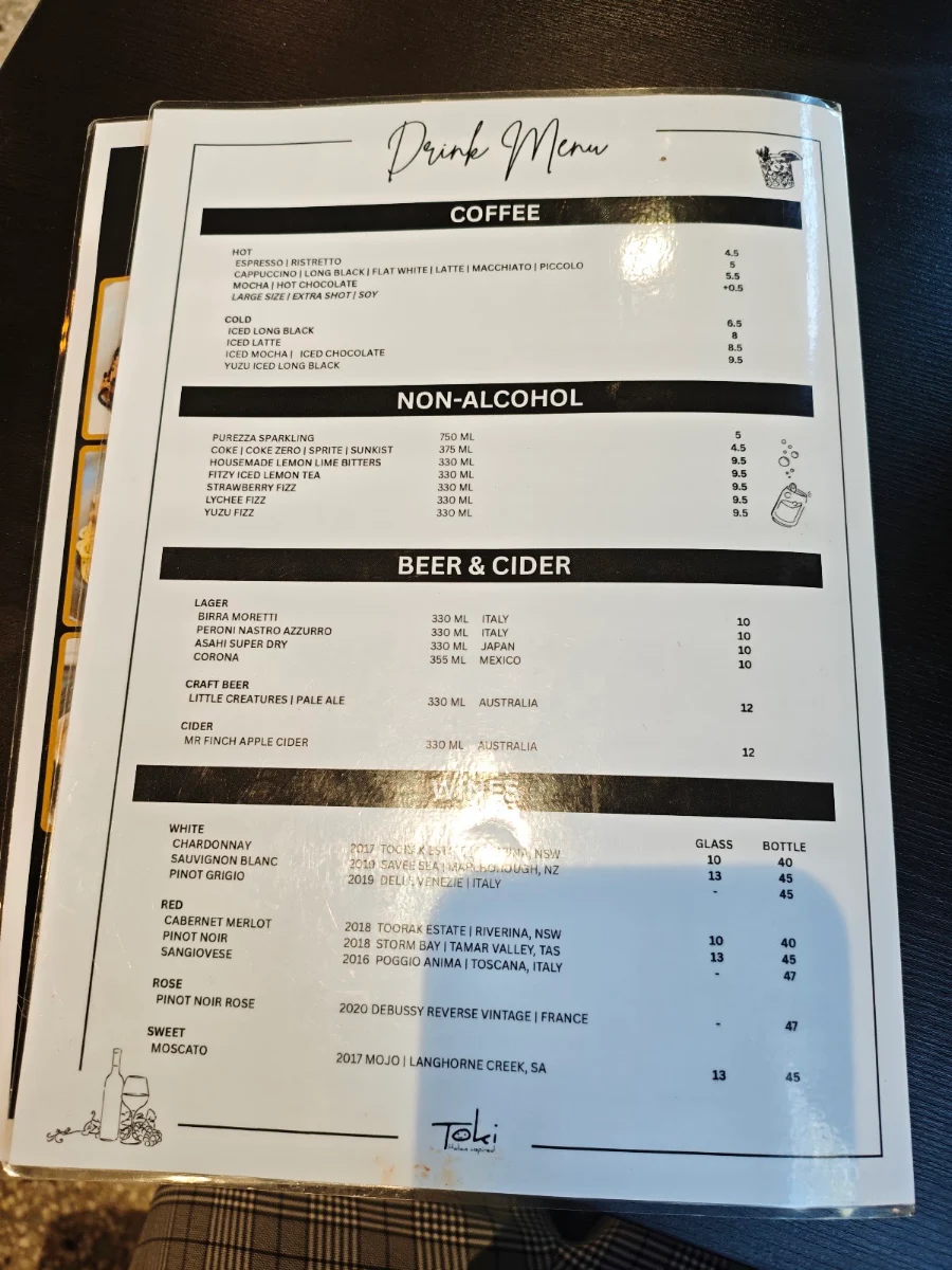 Menu, Toki Italian Inspired
