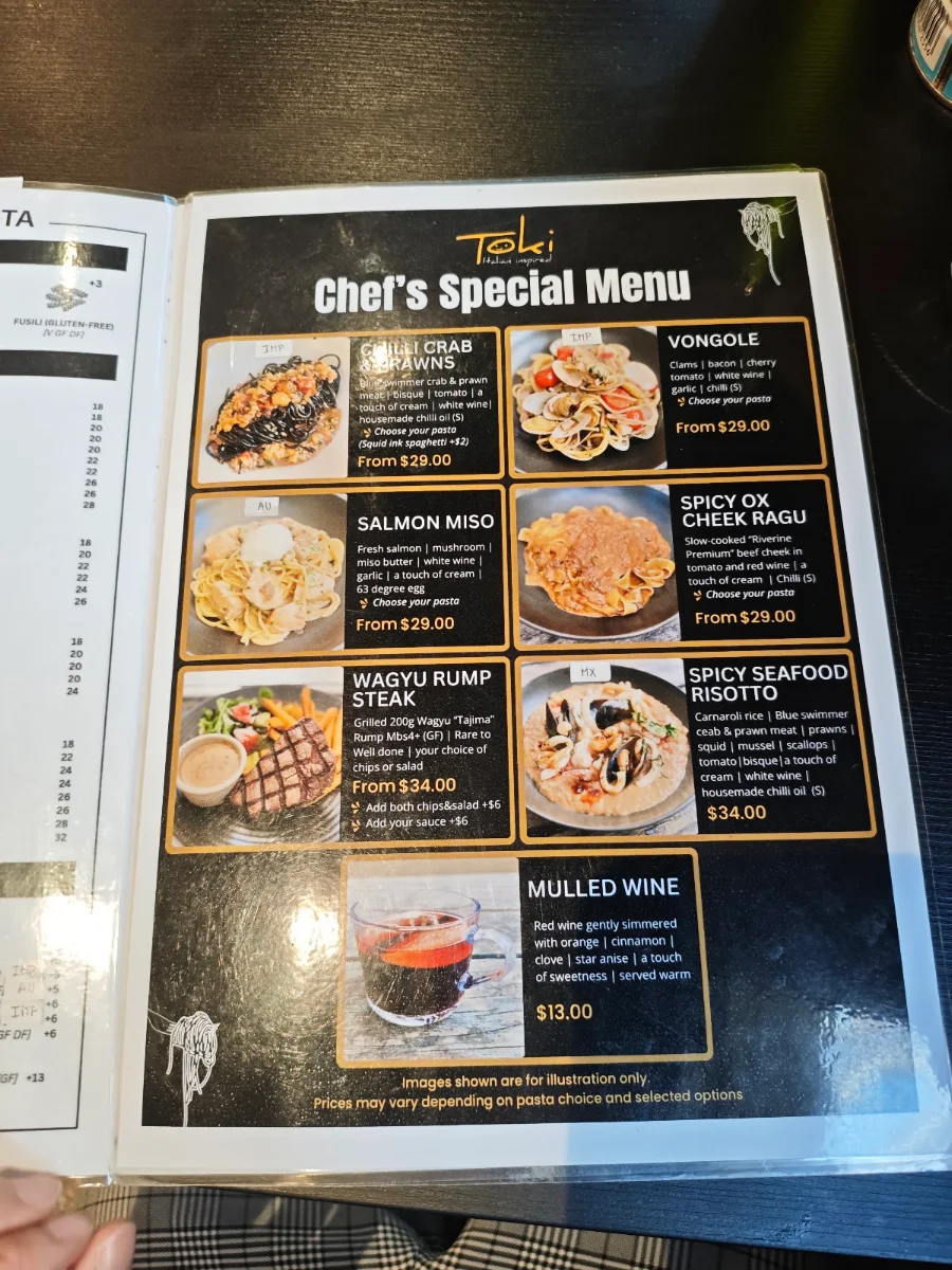 Menu, Toki Italian Inspired