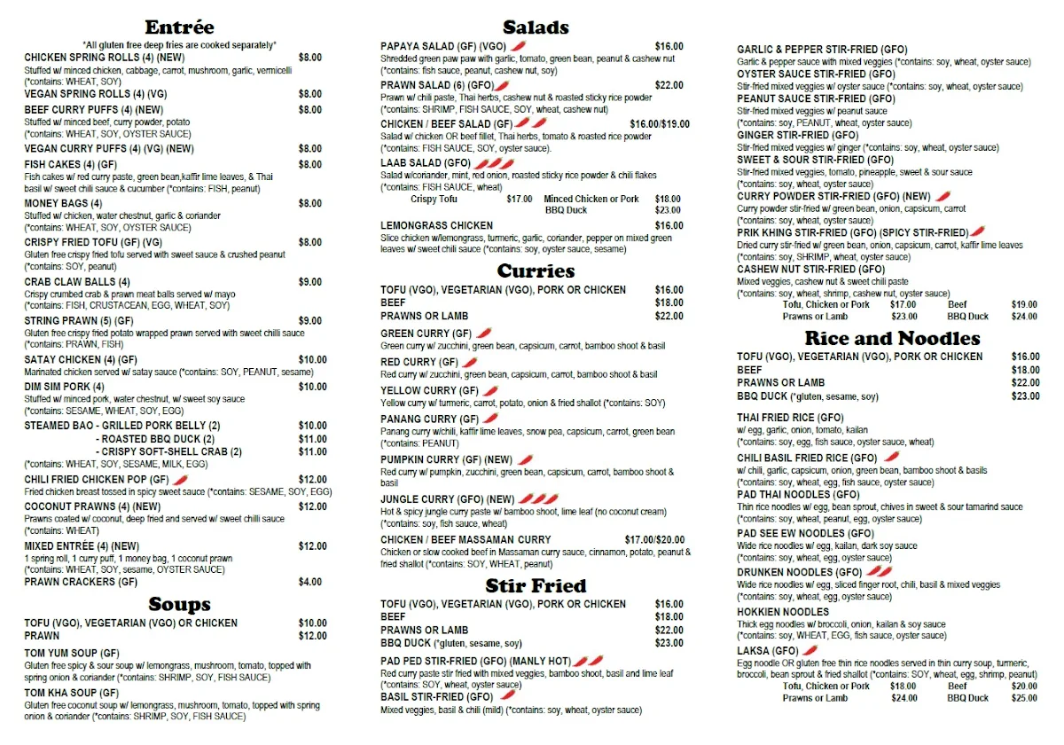 Menu, Manly Thai Restaurant