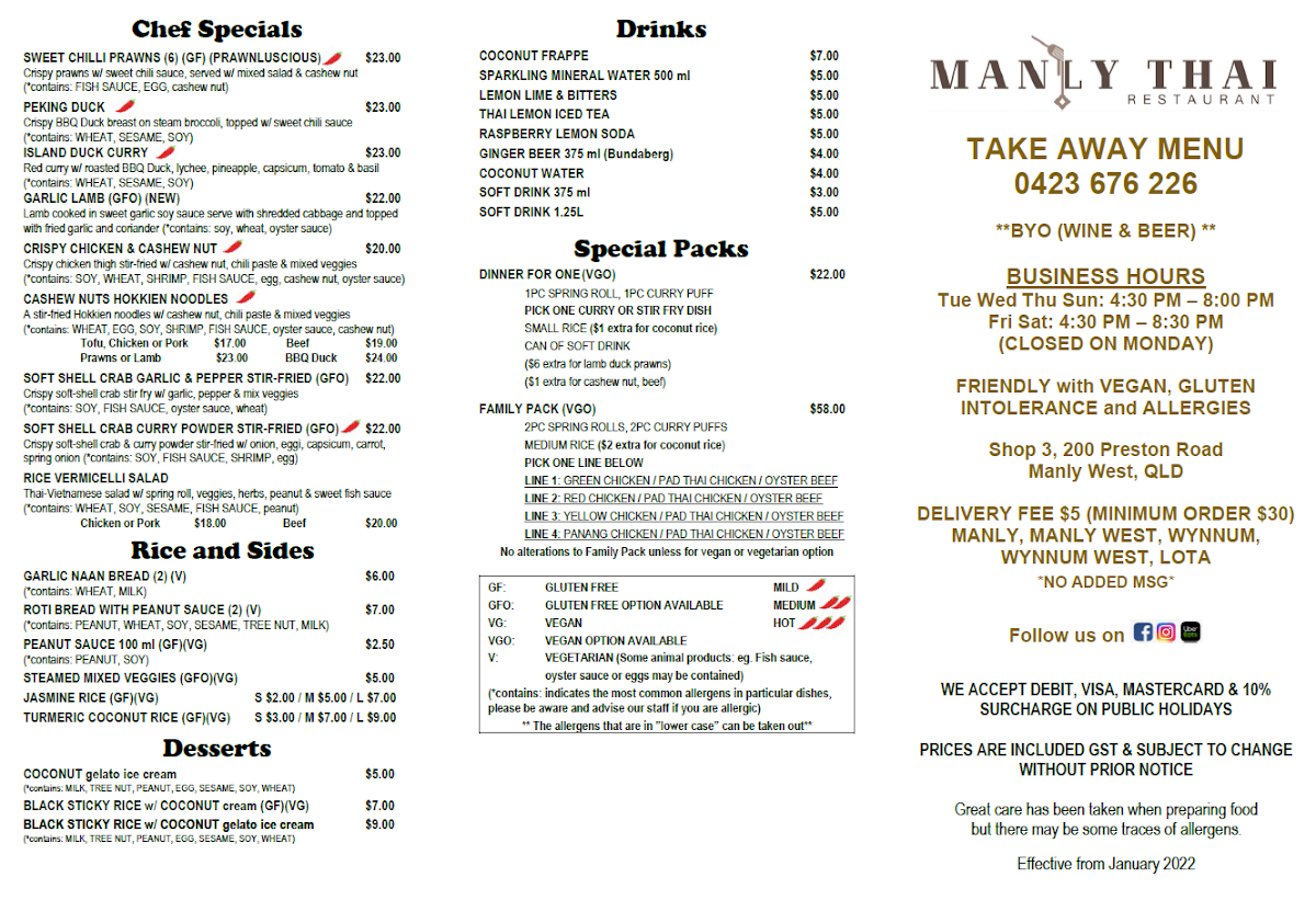Menu, Manly Thai Restaurant