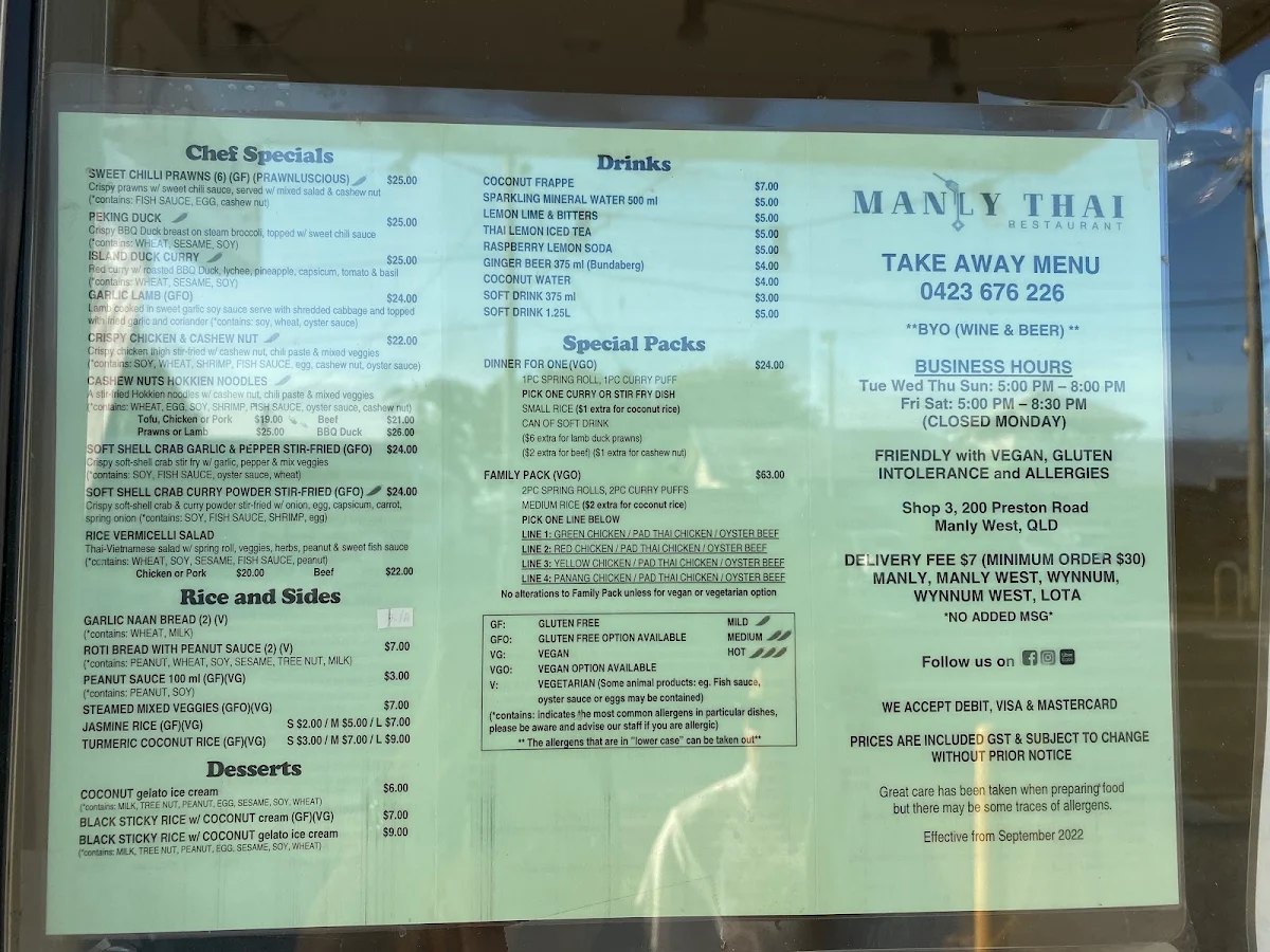 Menu, Manly Thai Restaurant