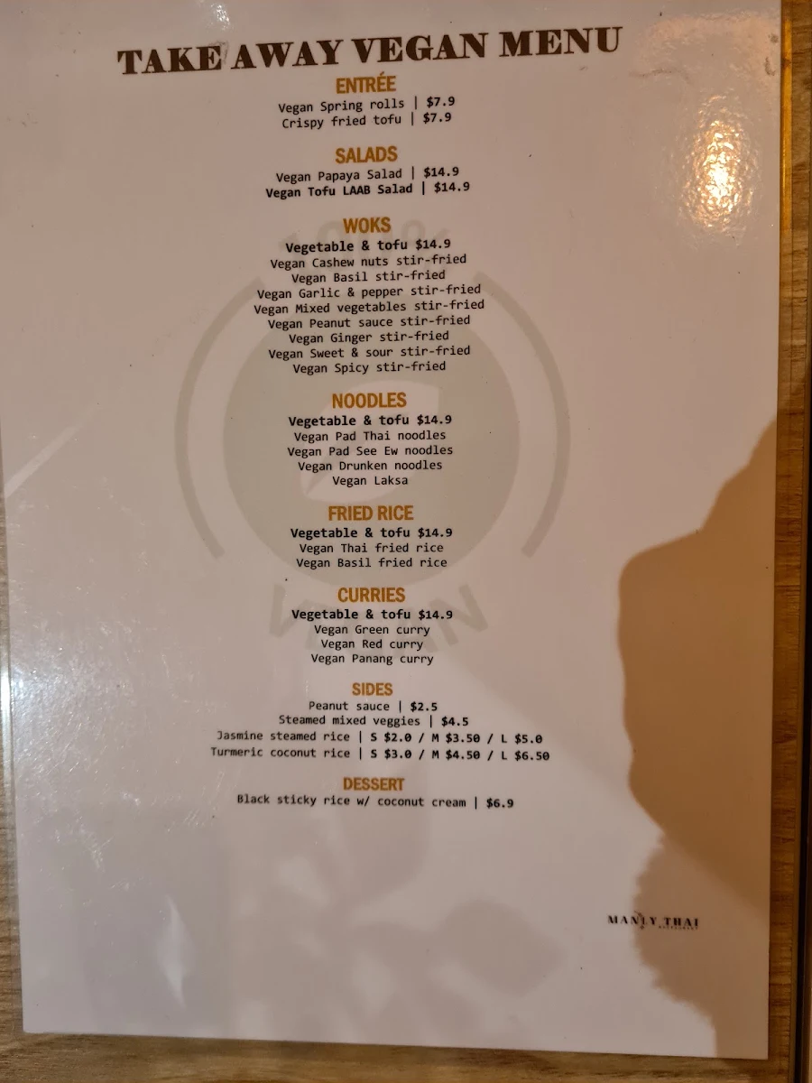 Menu, Manly Thai Restaurant