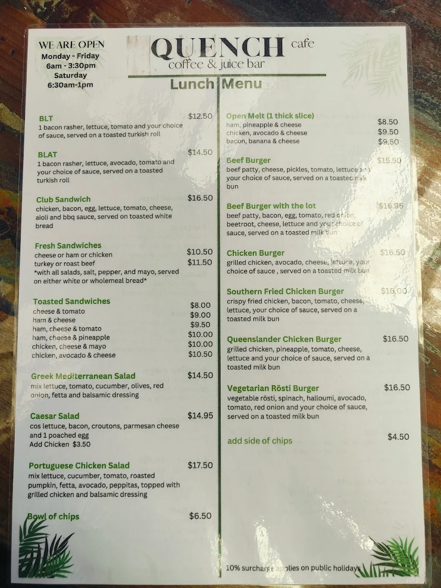 Menu, Quench Cafe Juice Bar