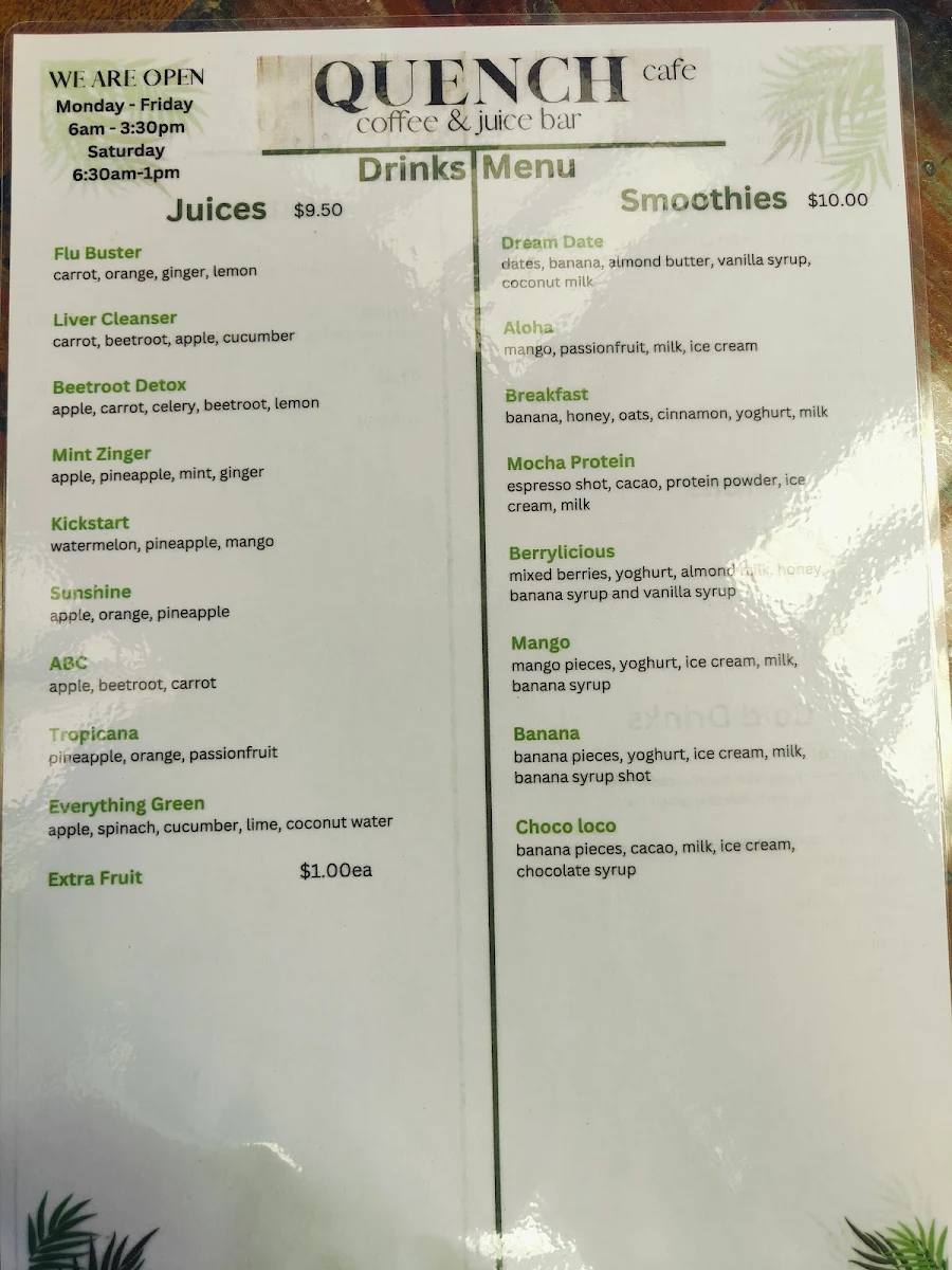 Menu, Quench Cafe Juice Bar