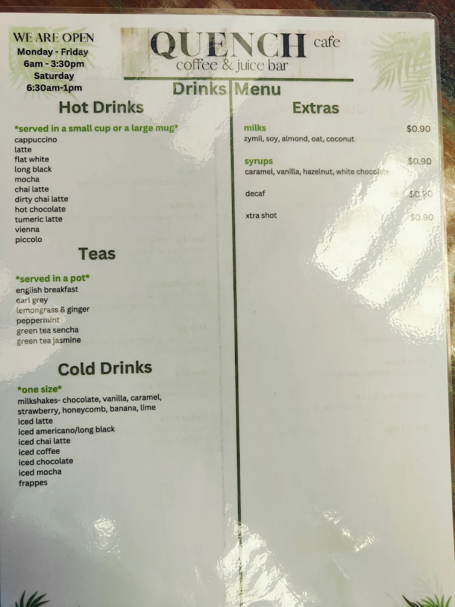 Menu, Quench Cafe Juice Bar