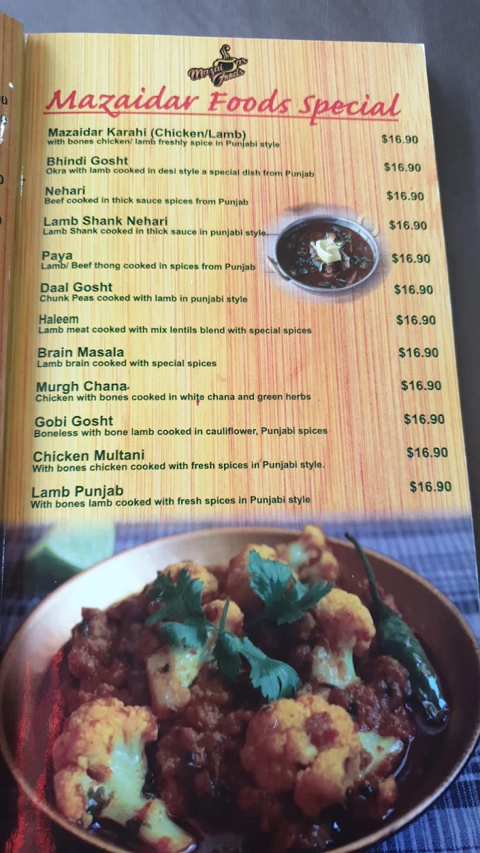 Menu, Mazaidar Foods