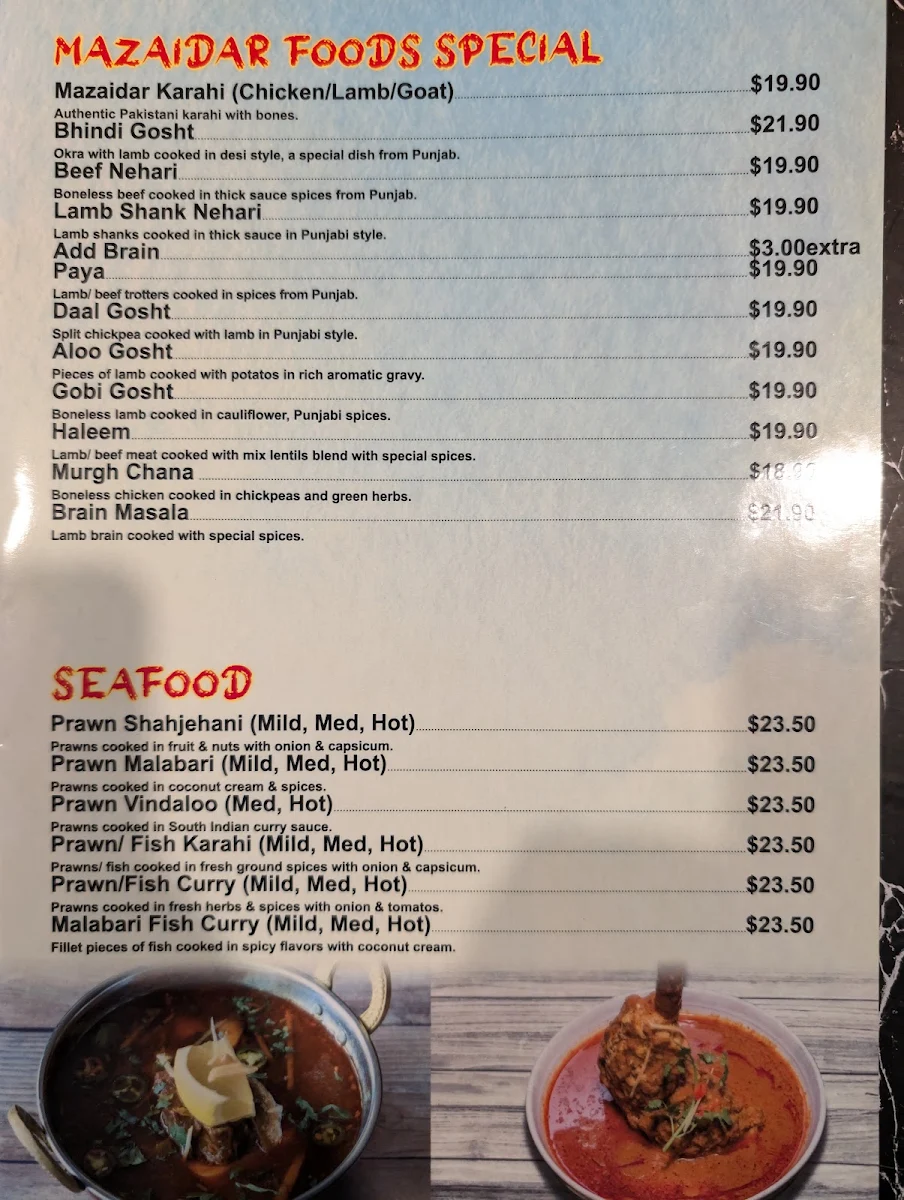 Menu, Mazaidar Foods