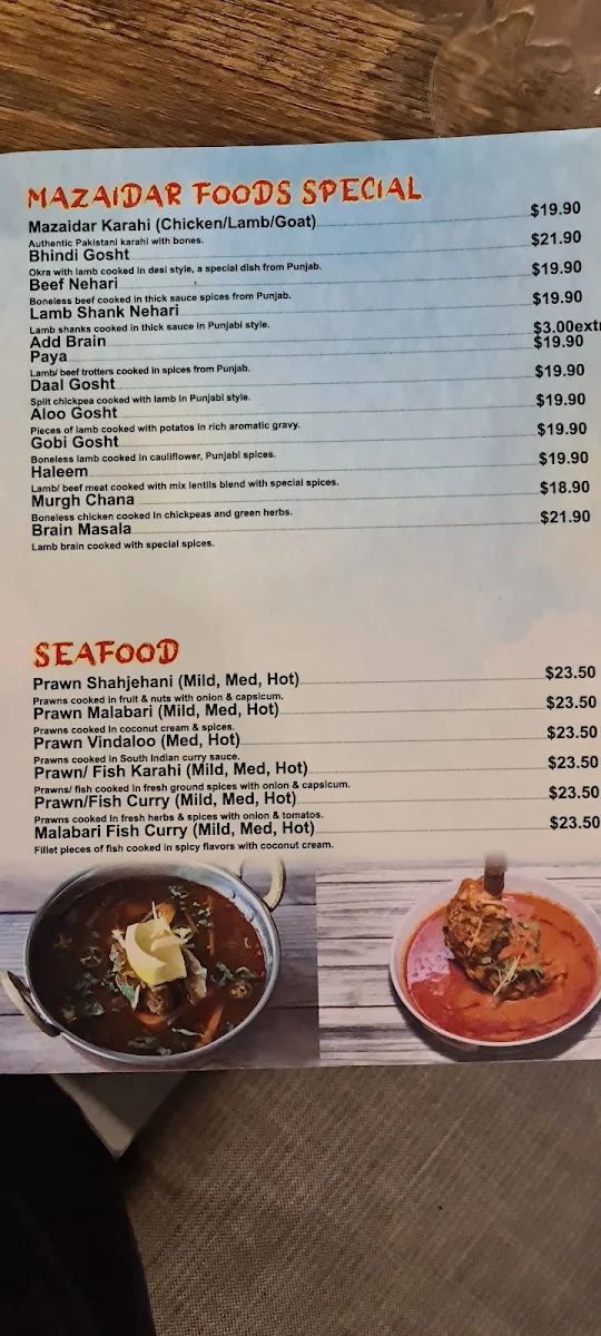 Menu, Mazaidar Foods