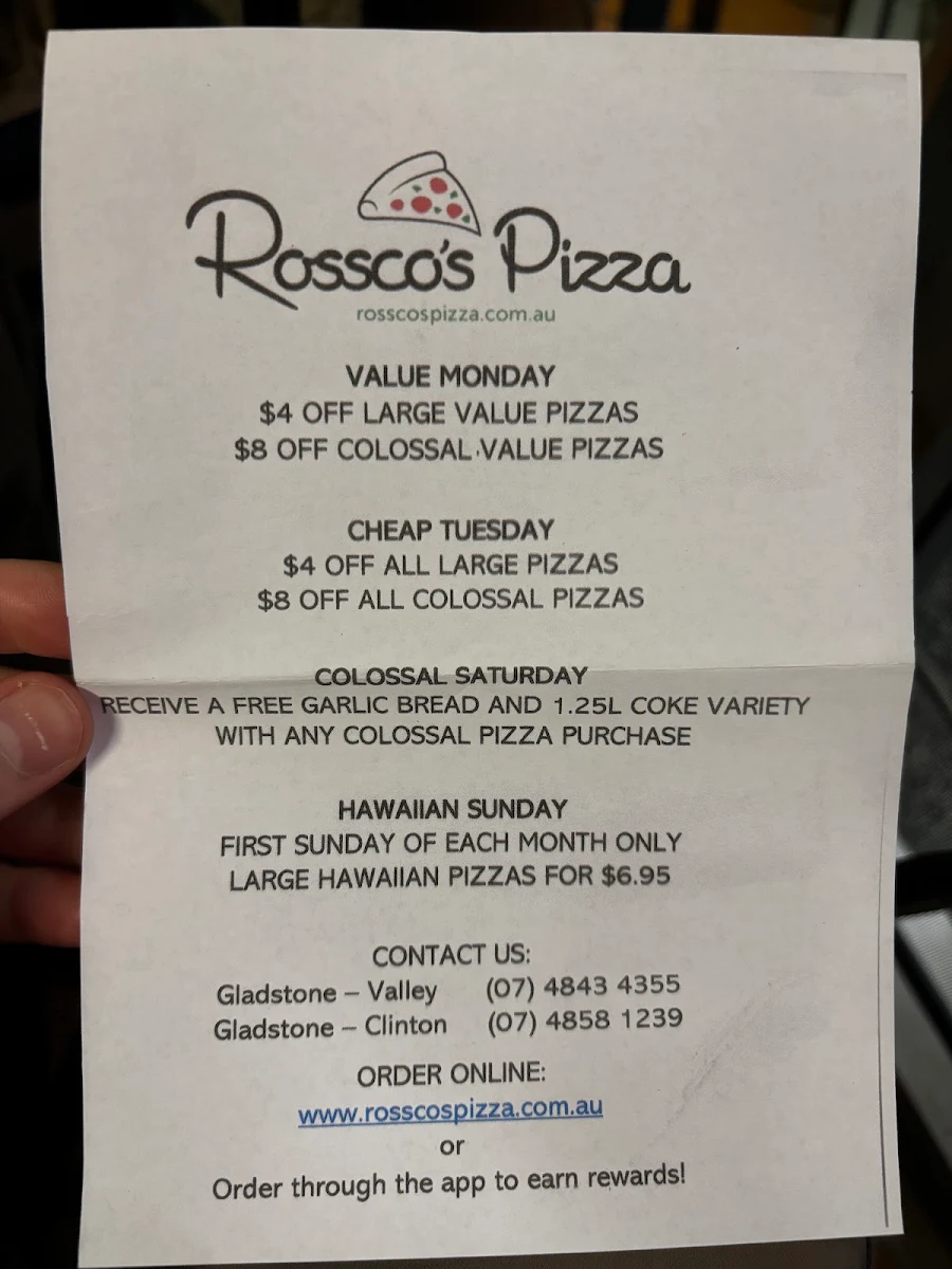 Menu, Rossco’s Pizza