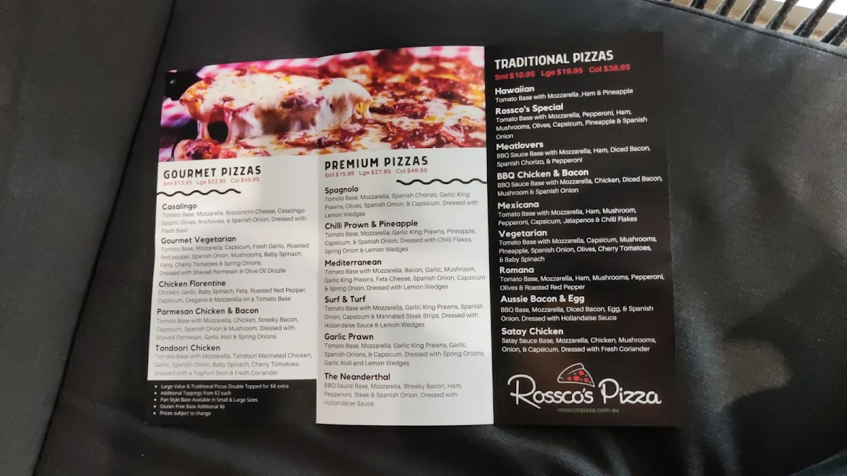 Menu, Rossco’s Pizza