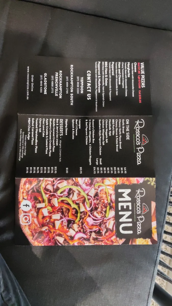 Menu, Rossco’s Pizza